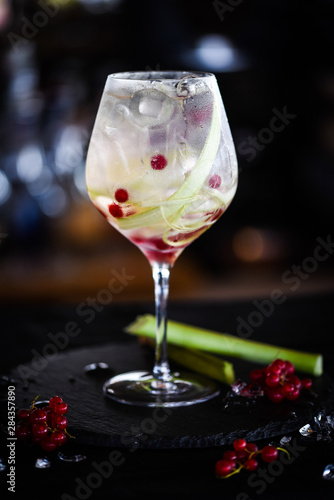 tonic gin cocktail with fresh rhubarb & red berries