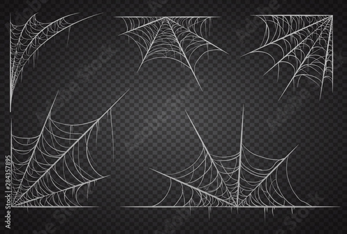 Cobweb set, isolated on black transparent background. Spiderweb for halloween, spooky, scary, horror decor