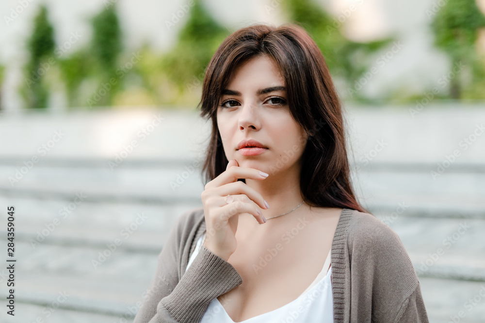 concentrated woman thinking outdoors concentrated woman thinking outdoors
