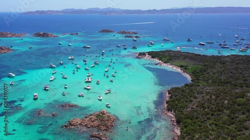 Drone aerial view of Santa Maria and Budelli islands in Maddalena Archipelago, Sardinia, Italy.