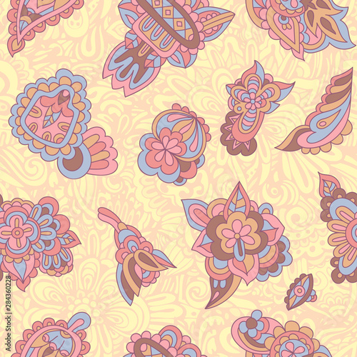 Colorful doodle flower seamless pattern vector. Funky Vintage flourish elements