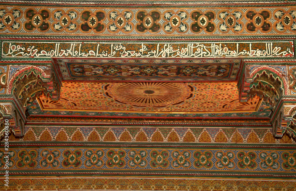 North Africa, Morocco, Marrakesh. Painted cedar woodwork of El Bahia Palace