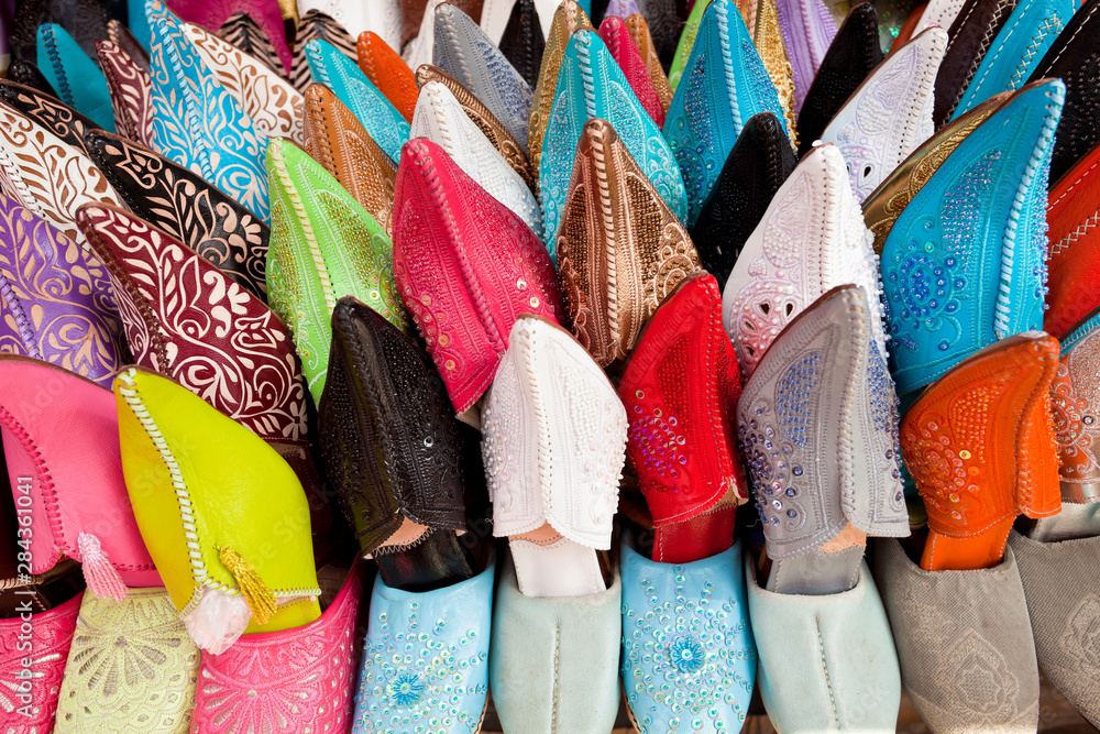 Leather slippers for sale in The Souk, Marrakech, Morocco