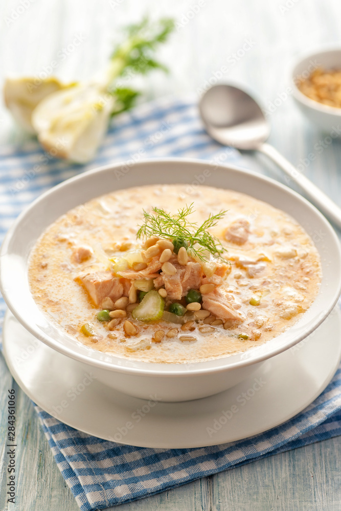 Creamy salmon soup.