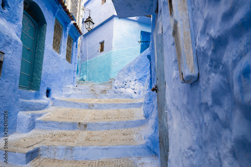 Morocco, Chefchaouen or Chaouen. It is most noted for its small narrow streets and neighborhoods painted in variety of vivid blue colors. © Emily Wilson/Danita Delimont