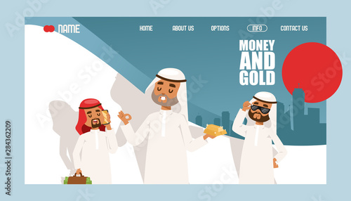 Arab businessman wearing traditional clothing and having meeting banner vector illustration. Cartoon arabic character in muslim clothes holding gold and money. Business and investment.