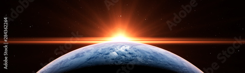 Canvas Sunrise over the planet Earth concept with a bright sun and flare and city light
