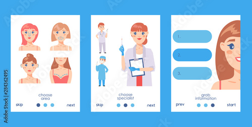 Plastic surgery set of cards vector illustration. Face and body correction. Doctors consultation. Breast augmentation, liposuction, face and body cosmetology. Beauty health procedure.