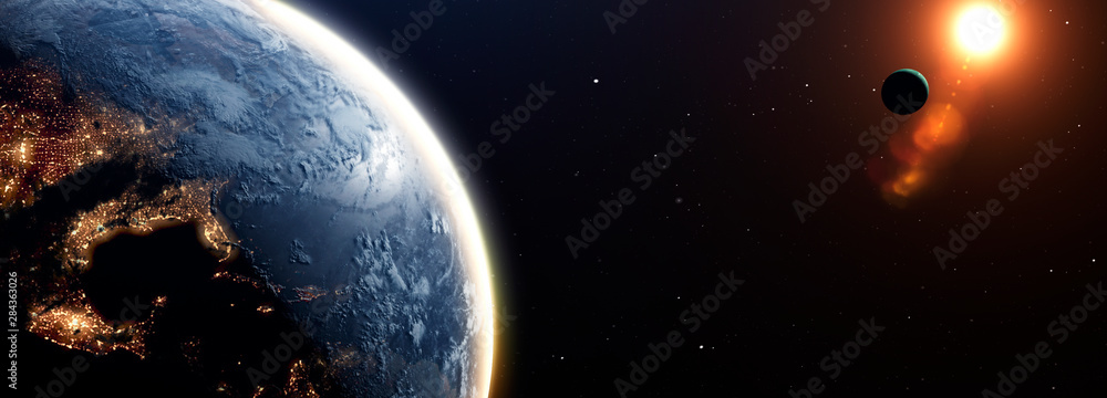 Sunrise over the planet Earth concept with a bright sun and flare and city lights panoramic - obrazy, fototapety, plakaty 