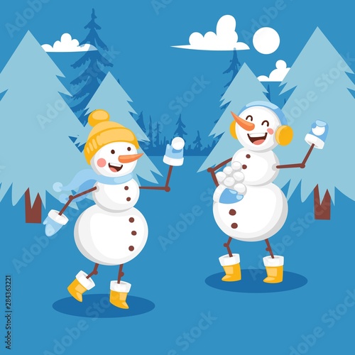 Snowmen having snowball fight banner vector illustration. Cheerful cartoon flat characters in hat, scarf, mitterns and earmuffs. Playing game in snowy forest. Winter activities.