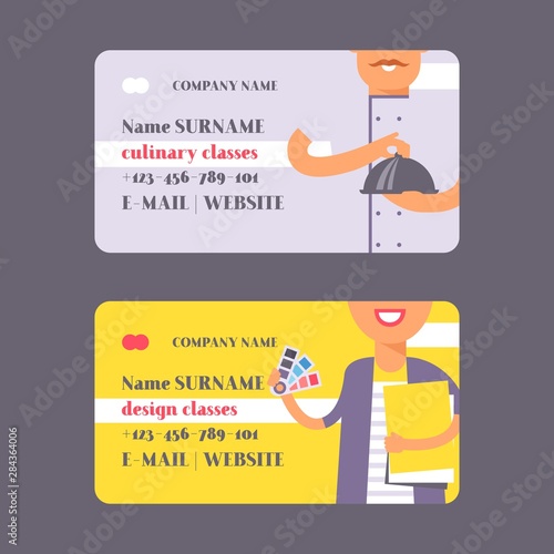 People professions set of business cards vector illustration. Culinary and design professional classes. Chef holding plate with dish in uniform. Woman with folders and examples of colors.