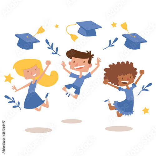 Graduation kids celebration with joy banner vector illustration. Diversity school kids jumping for joy and tossing their graduation caps in the air. Celebrating graduate day.