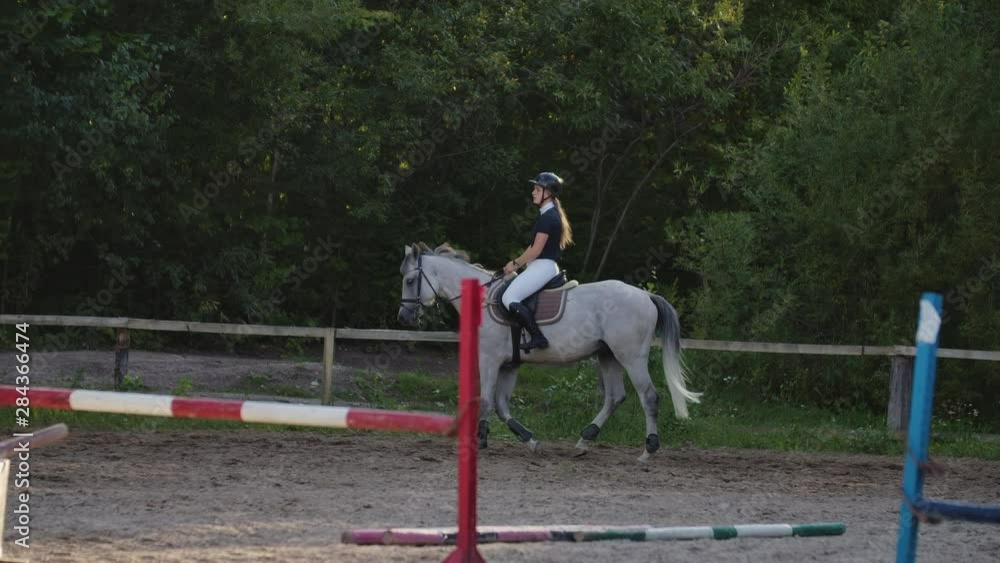 Professional girl rider galloping on a horse. Girl riding a horse on an arena at sunset. Horse hoof creates a lot of dust. Competitive rider training jumping Professional girl rider galloping on a horse. Girl riding a horse on an arena at sunset. Horse hoof creates a lot of dust. Competitive rider training jumping