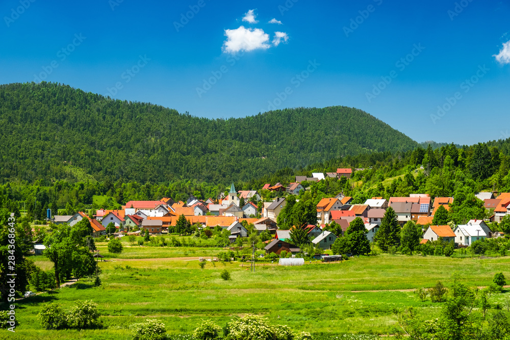Beautiful countryside landscape of town of Lokve in Gorski kotar, Croatia, in summer, panoramic view