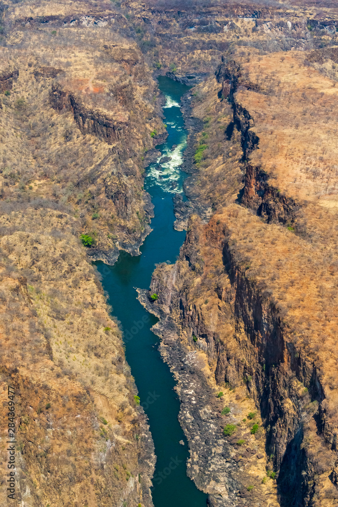 Aerial view of gorge along Zambezi River (feeding into Victoria Falls), Zimbabwe