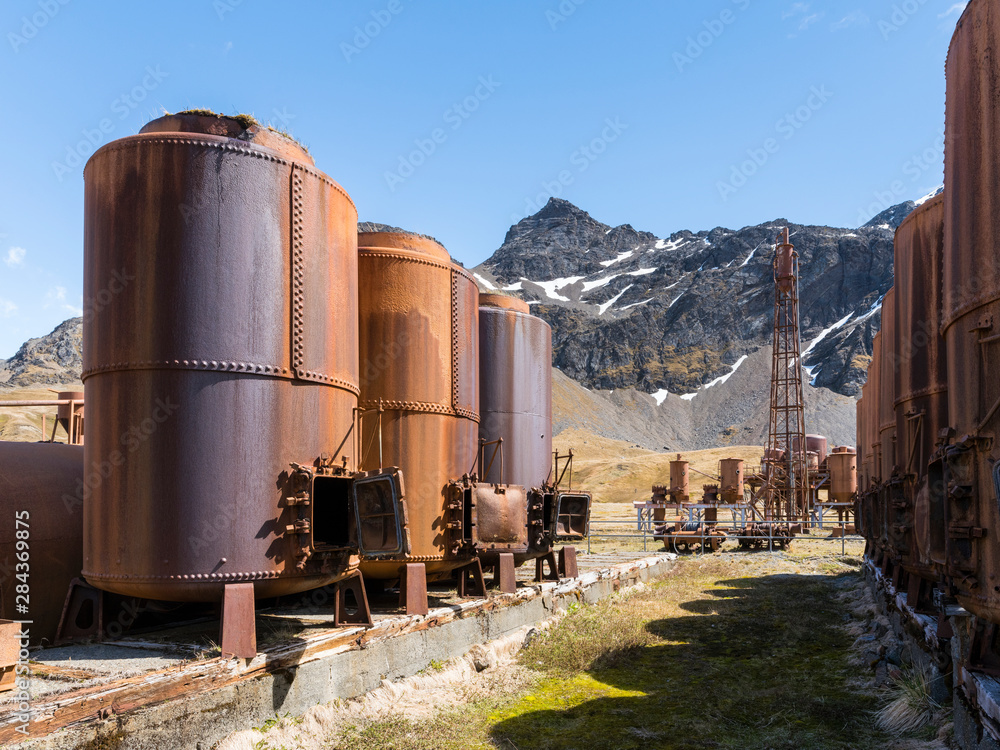 Obraz premium Former Bone Cookery. Grytviken Whaling Station in South Georgia. Grytviken is open to visitors, but most walls and roofs of the factory have been demolished for safety reasons.