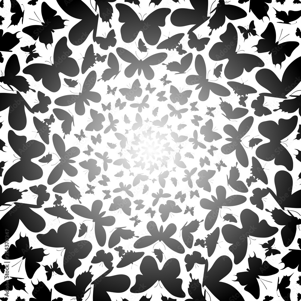 White gradient background with black butterflies silhouette