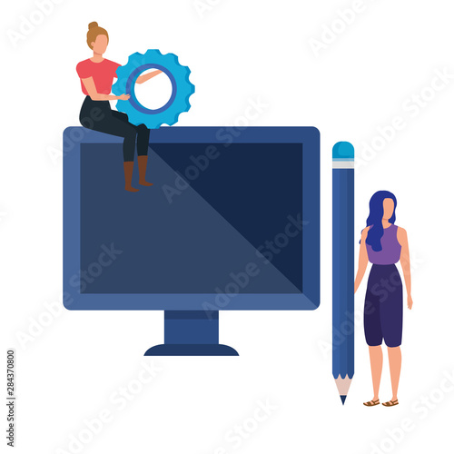 young women with desktop characters