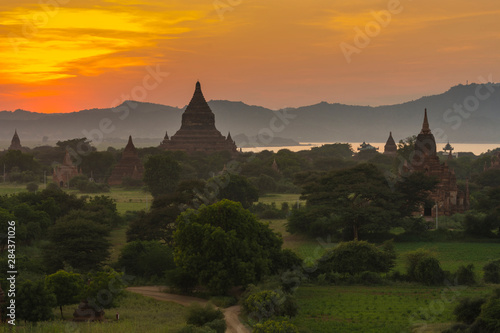 Myanmar. Bagan. Sunset over the temples of Bagan.