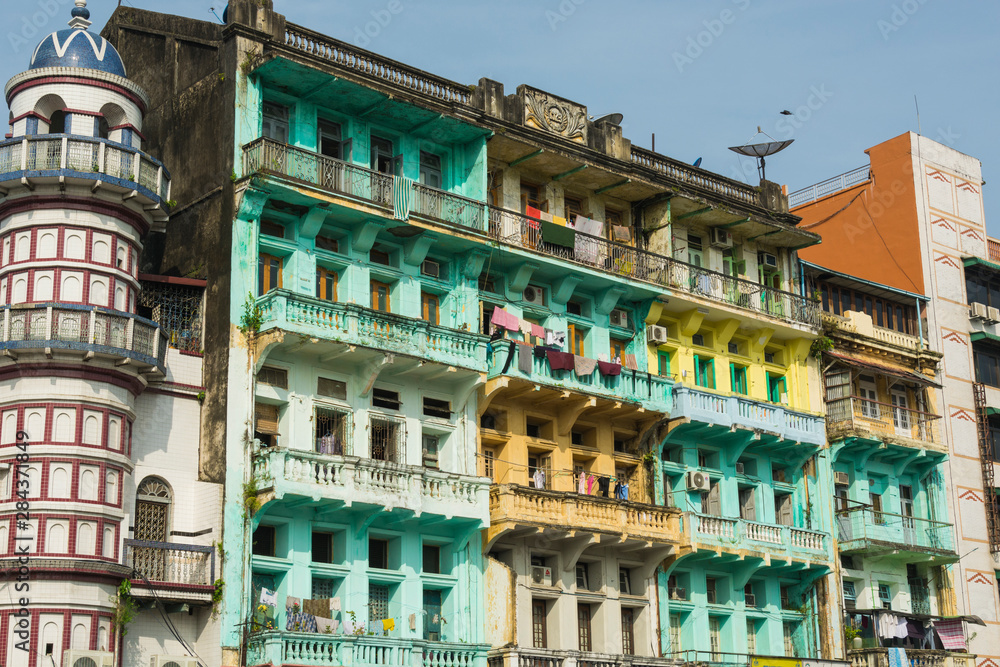 Myanmar. Yangon. Colonial-era apartment buildings abound in the city center.