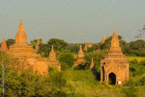 Myanmar. Bagan. View of the temples dotting the plain of Bagan from the Minochantha Stupa group.
