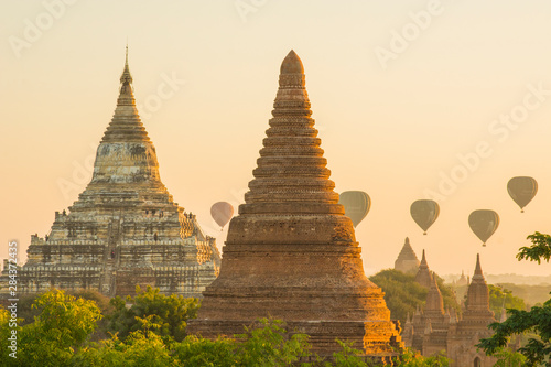 Myanmar. Bagan. Hot air balloons rising over the temples of Bagan.