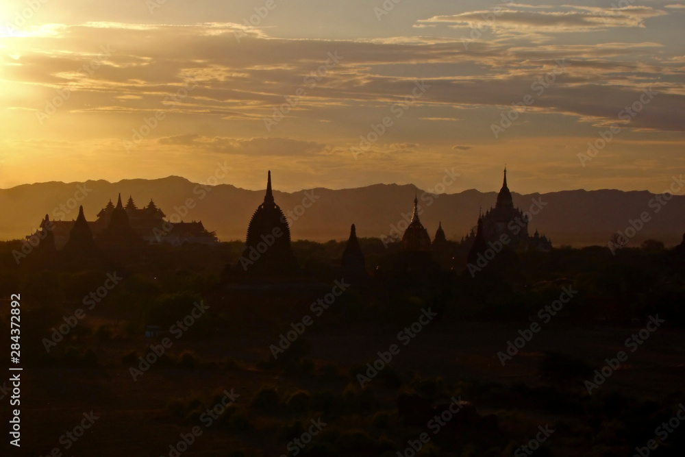 Myanmar, Bagan, Numerous domes of ancient buddhist temples in the sunset