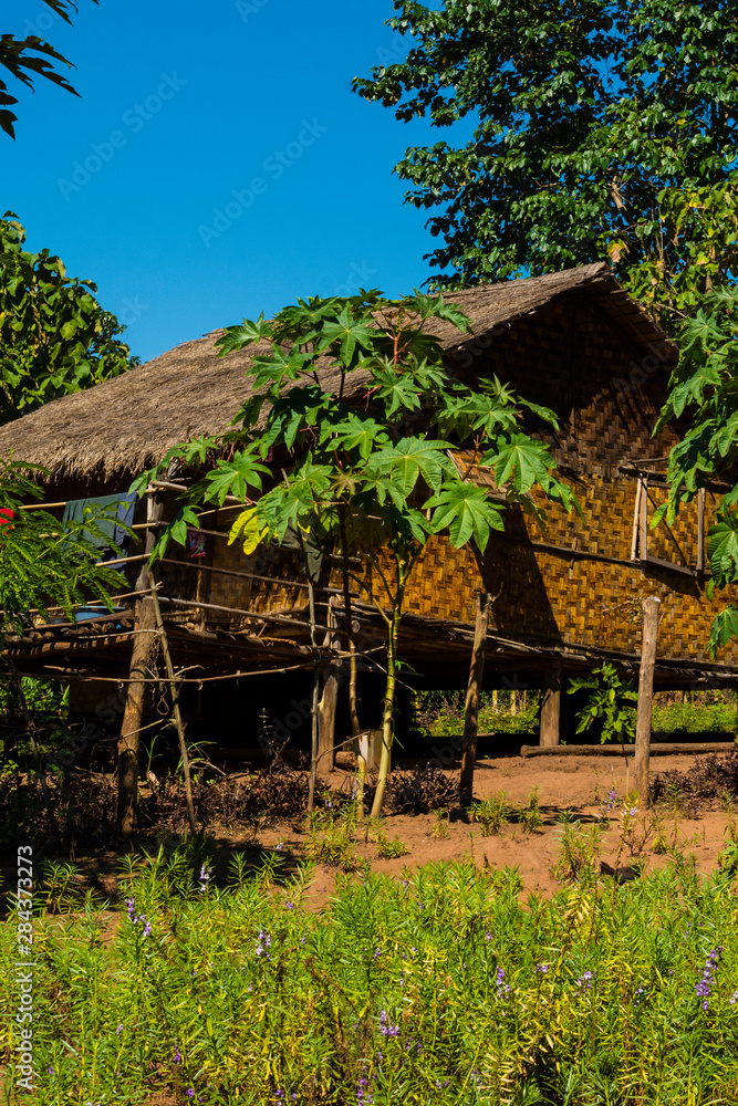 Myanmar. Shan State. Near Kalaw. Green Hill Valley Elephant Camp. Traditional Burmese house.