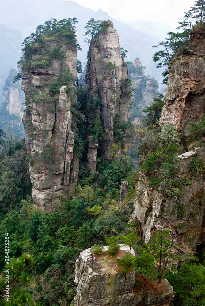 Asia, China, Hunan Province, Zhangjiajie National Forest Park. Sandstone spires in the Yellow Stone Stronghold Village (Huangshizhai) Scenic Zone.