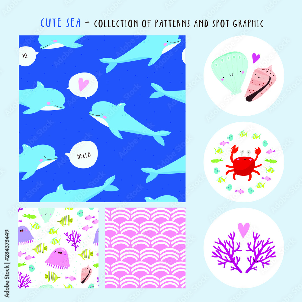 Super cute vector collection of 3 different Patterns and Spot graphics. Undersea cartoon illustration set. Tropical sea Collection.