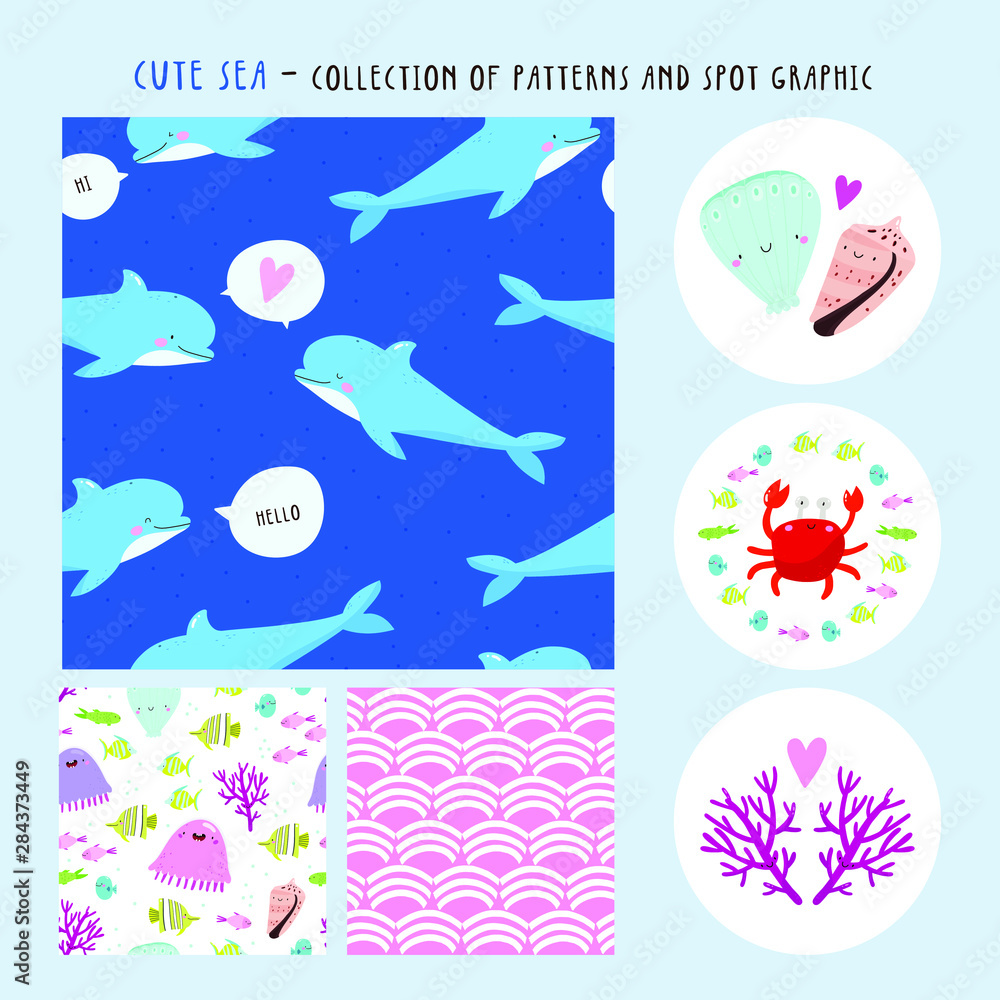 Super cute vector collection of 3 different Patterns and Spot graphics. Undersea cartoon illustration set. Tropical sea Collection. Super cute vector collection of 3 different Patterns and Spot graphics. Undersea cartoon illustration set. Tropical sea Collection.