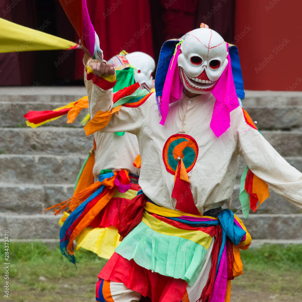 Mask performance at a Buddhist festival, Juli Temple, Xinduqiao, western Sichuan, China