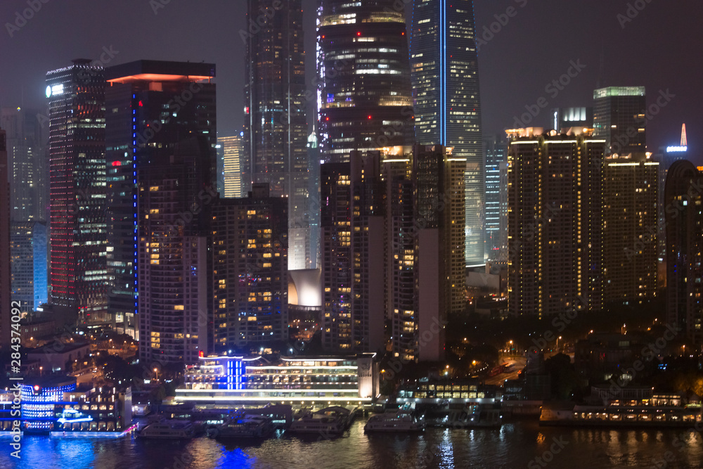 Night view of high-rise by Huangpu River, Pudong, Shanghai, China