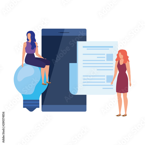 young women with smartphone characters