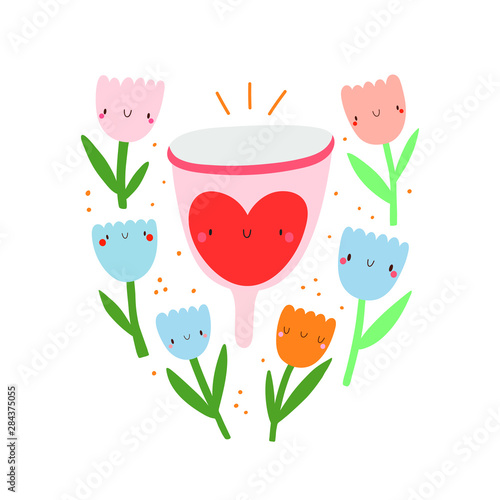  Beautiful illustration Menstrual Cup with Tulips. Woman Cup with floral wreath vector drawing. Positive menstrual cycle image.