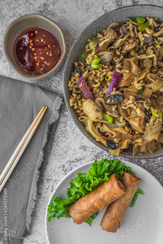 Thai Noodles with Spring Rolls and Dipping Sauce