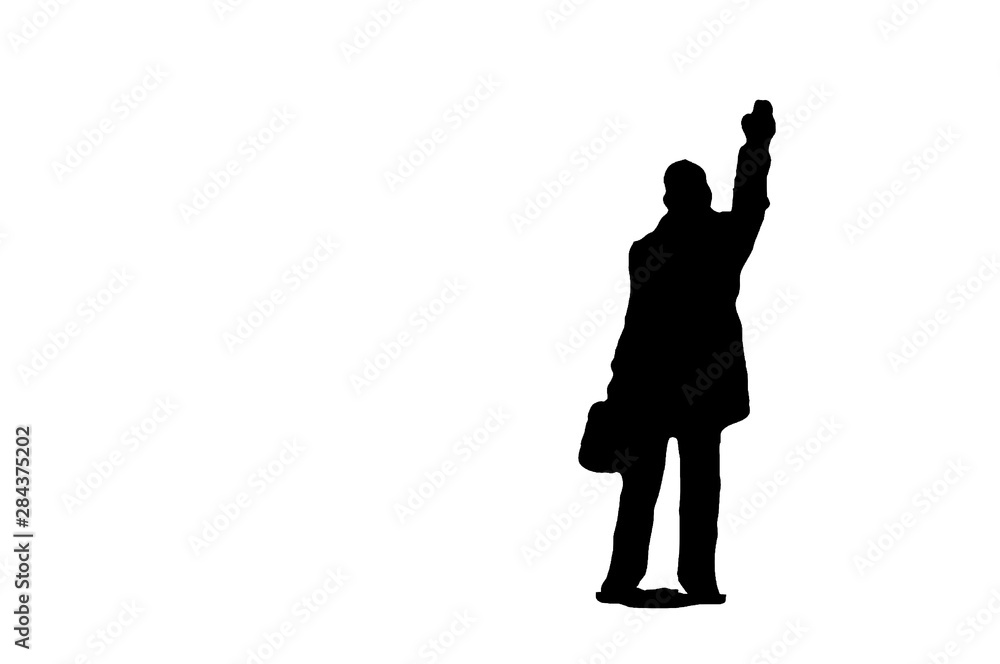 Selective focus silhouette miniature business man holding briefcase and push the hand up say hello isolated on white background.