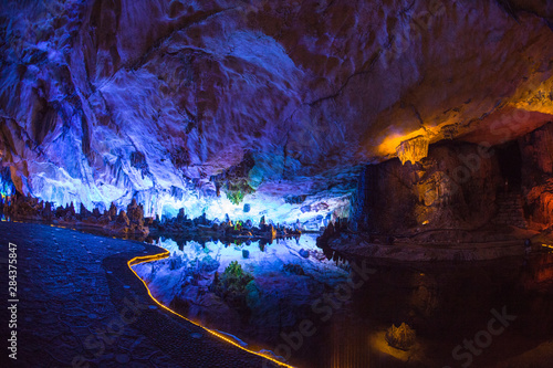 China, Guling, Multicolored Lights in the Reed Flute Cave