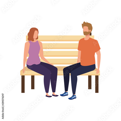 young lovers couple seated in park chair characters