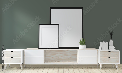 Mock up poster cabinet wooden on green room living japanese design.3D rendering © Interior Design