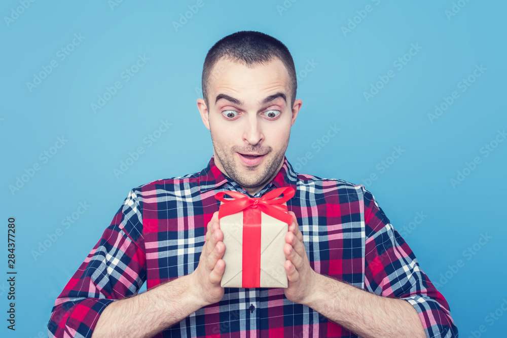 Lucky guy, he got a present, blue background Lucky guy, he got a present, blue background