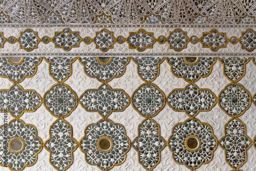 Ceiling detail. Diwan-i-Khas, Glass Palace. Hall of private Audience. Amber Fort. Jaipur Rajasthan. India.