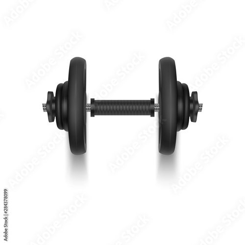 Black dumbbell for training, Realistic Detailed Close Up View Isolated on White Background. Sport Element of Fitness Dumbbell, Vector illustration