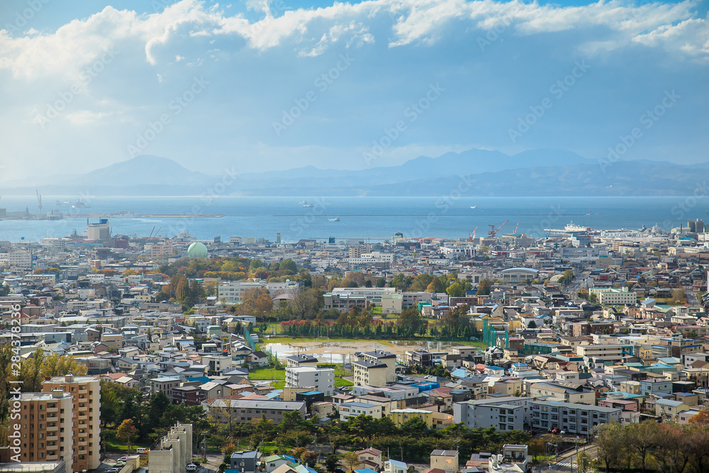 HAKODATE, HOKKAIDO, JAPAN - OCTUBER 27, 2018 : The View fo Hakodate city from the top of Goryokaku Tower. Beautiful landscape of Hokkaido japan. HAKODATE, HOKKAIDO, JAPAN - OCTUBER 27, 2018 : The View fo Hakodate city from the top of Goryokaku Tower. Beautiful landscape of Hokkaido japan.