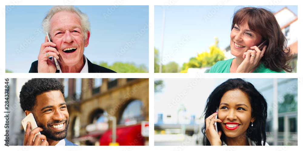 Fototapeta premium Beautiful commercial happy people outside connecting each other