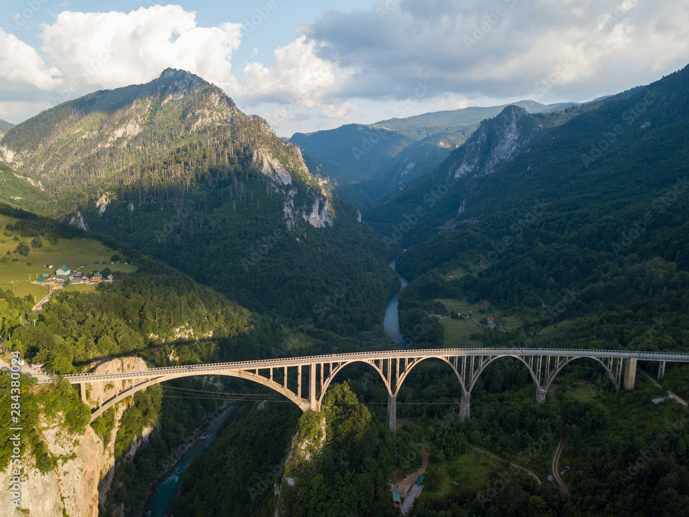 Djurdjevic Bridge over the Tara River in northern Montenegro. Aerial photo