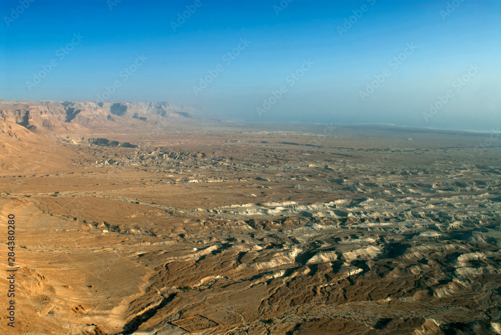 Israel, Judean Desert, Dead Sea. The view north across the Judean Desert from the upper terrace at Masada.