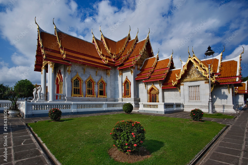 Ornate architecture of the Ordination Hall (Ubosot Hall) at Wat Benchamabophit, Bangkok, Thailand