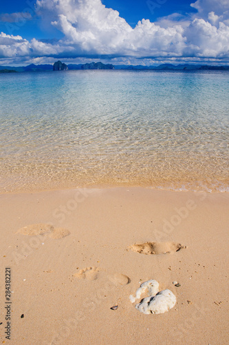 Sandy beach and clear waters in the Bacuit Archipelago, Palawan, Philippines