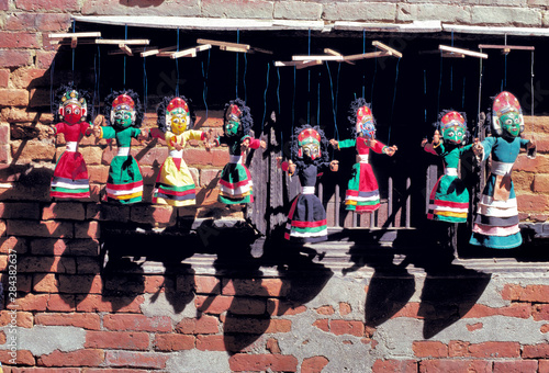 Colorful puppets tempt shoppers at the market in Kathmandu, a World Heritage Site, Nepal.